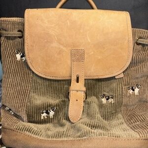 Vintage L.L. Bean Corduroy  Mini Backpack -Embroidered Hunting Dogs Leather Trim